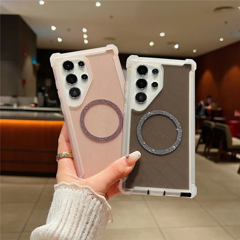 For Samsung Galaxy S24 Ultra Magnetic Case Glitter Powder TPU  + Acrylic Drop-proof Phone Cover with Tempered Glass - Transparent Pink