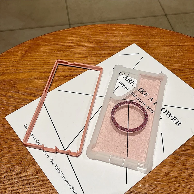 For Samsung Galaxy S24 Ultra Magnetic Case Glitter Powder TPU  + Acrylic Drop-proof Phone Cover with Tempered Glass - Transparent Pink