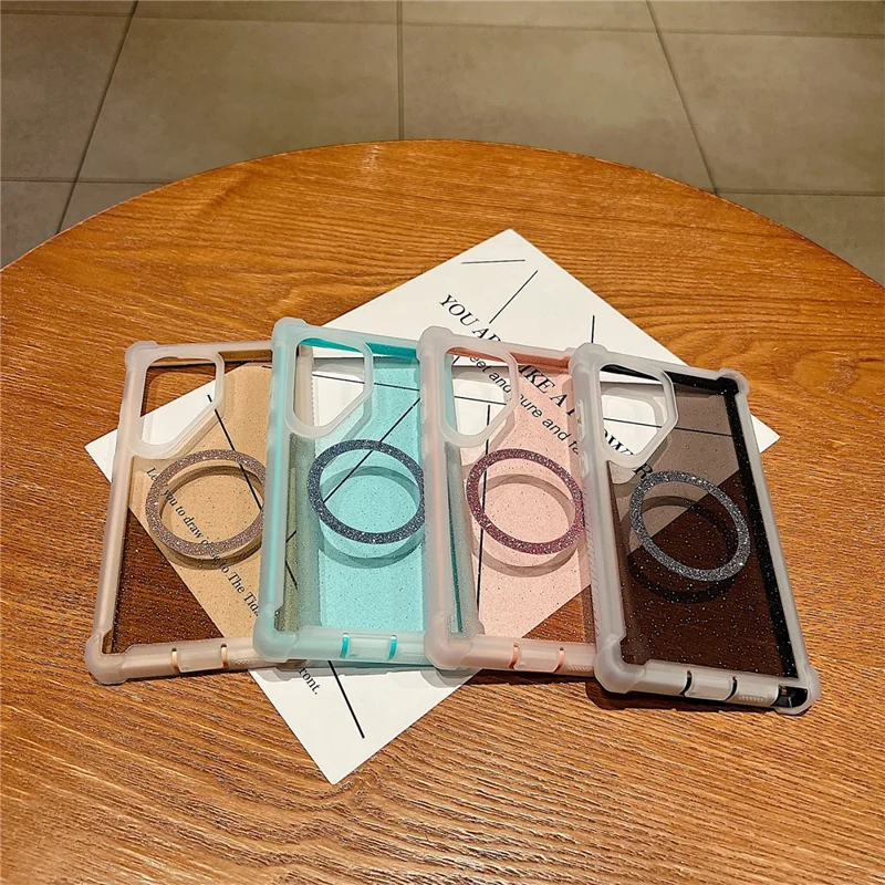 For Samsung Galaxy S24 Ultra Magnetic Case Glitter Powder TPU  + Acrylic Drop-proof Phone Cover with Tempered Glass - Transparent Pink