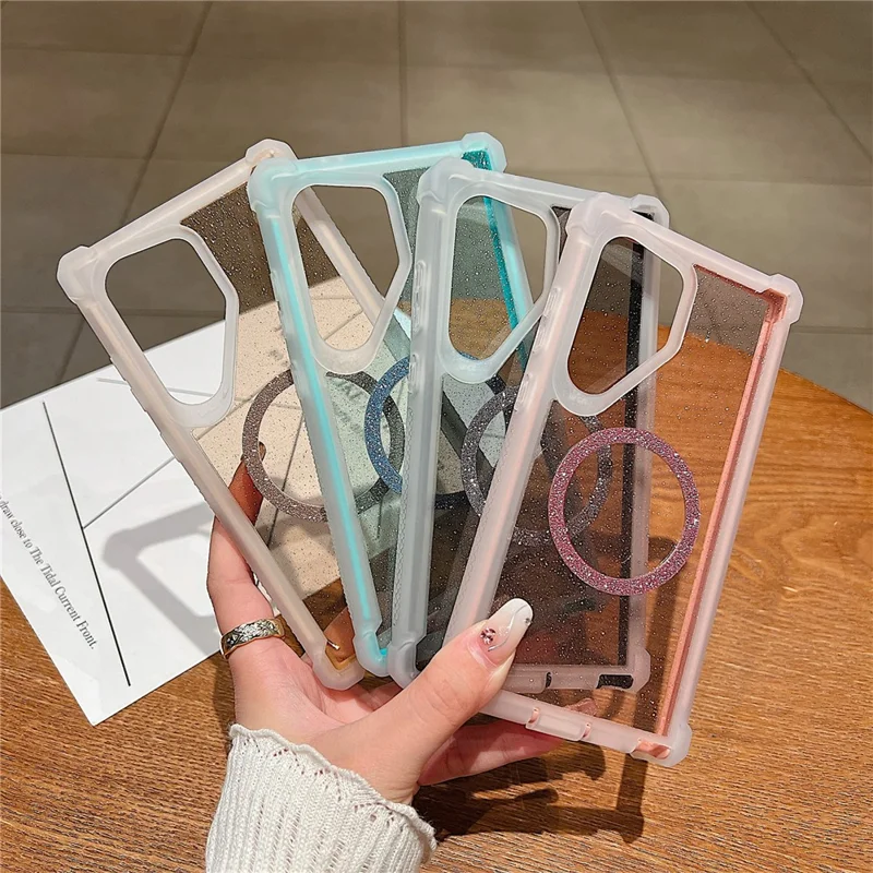 For Samsung Galaxy S24 Ultra Magnetic Case Glitter Powder TPU  + Acrylic Drop-proof Phone Cover with Tempered Glass - Transparent Pink