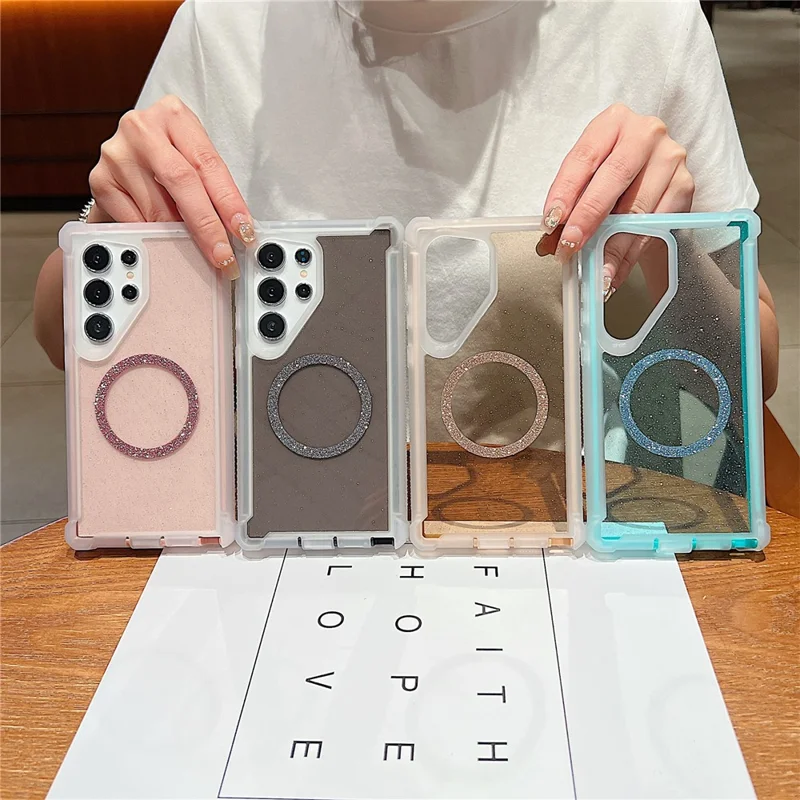 For Samsung Galaxy S24 Ultra Magnetic Case Glitter Powder TPU  + Acrylic Drop-proof Phone Cover with Tempered Glass - Transparent Pink