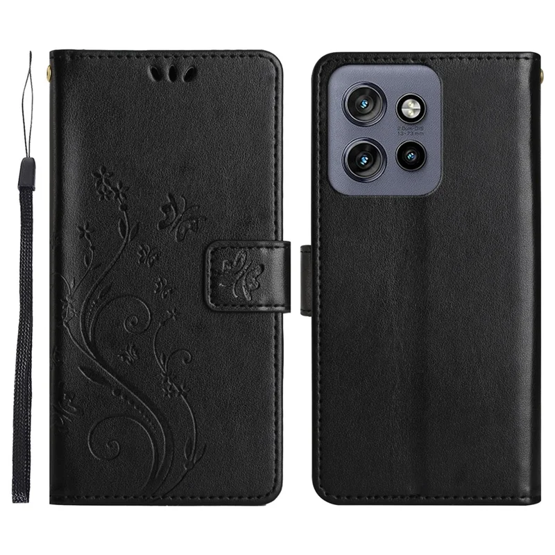 Capa Carteira em Pele para Motorola Edge 60 Neo 5G / 50 Neo 5G, Capa de Telemóvel com Estampa de Borboleta e Flor, com Alça - Preto