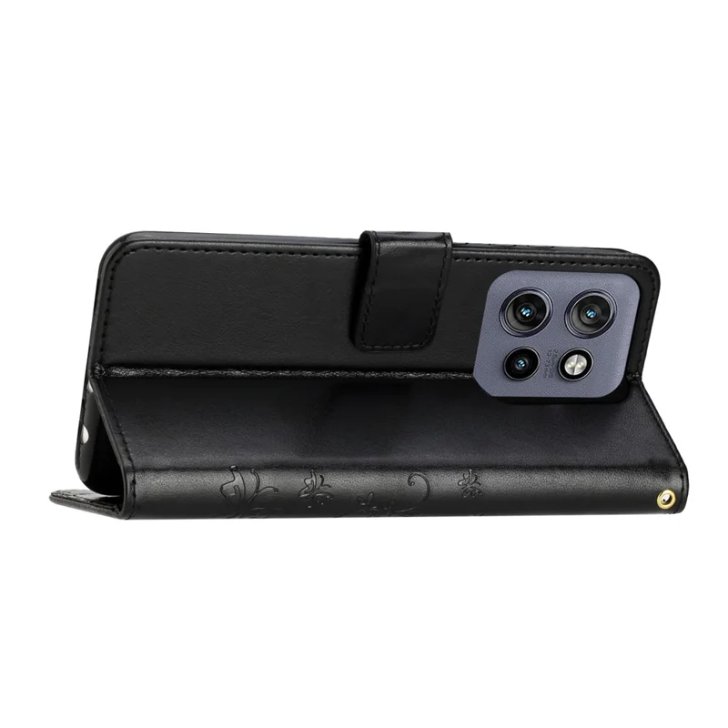 Capa Carteira em Pele para Motorola Edge 60 Neo 5G / 50 Neo 5G, Capa de Telemóvel com Estampa de Borboleta e Flor, com Alça - Preto