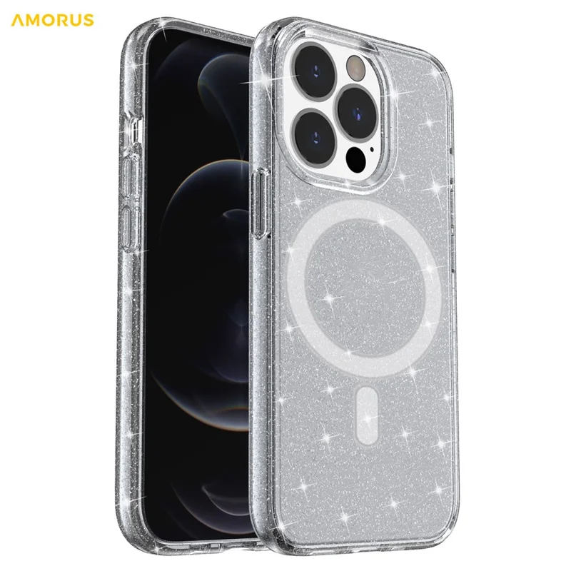 AMORUS Custodia Magnetica per iPhone 12 Pro Max Compatibile con MagSafe Cover in PC + TPU con Polvere Glitter - Nero