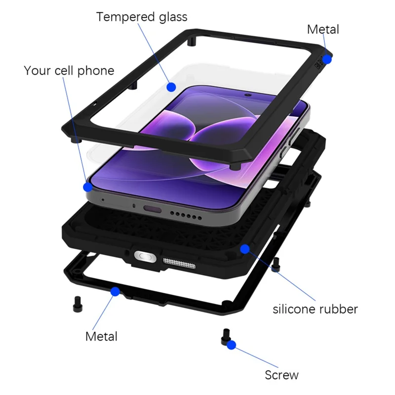 LOVE MEI pour Xiaomi 17 Pro Coque Protectrice en Verre Trempé Étui en Métal + Silicone - Noir