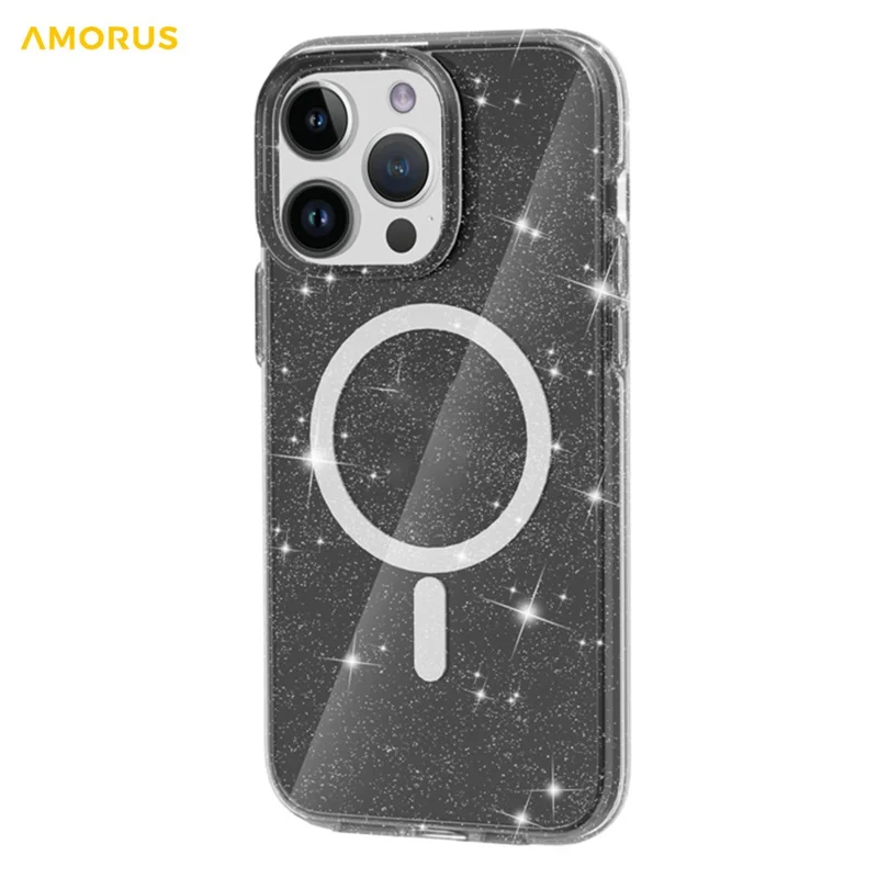 AMORUS för iPhone 13 Pro magnetiskt fodral kompatibelt med MagSafe, glittrigt pulver, PC + TPU mobilhölje - Svart
