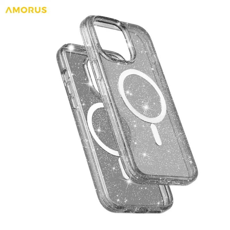 AMORUS för iPhone 13 Pro magnetiskt fodral kompatibelt med MagSafe, glittrigt pulver, PC + TPU mobilhölje - Svart