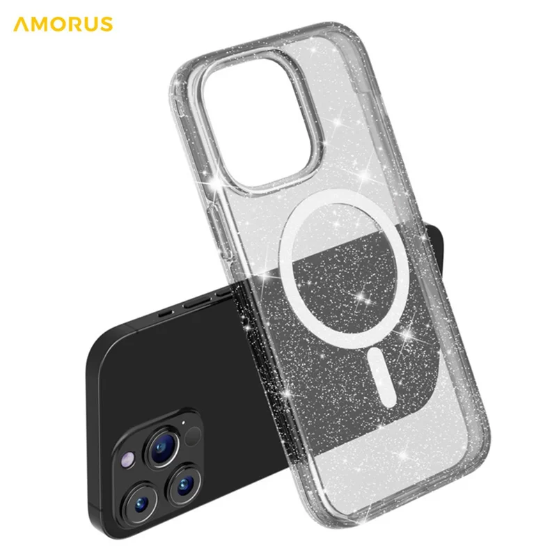 AMORUS för iPhone 13 Pro magnetiskt fodral kompatibelt med MagSafe, glittrigt pulver, PC + TPU mobilhölje - Svart