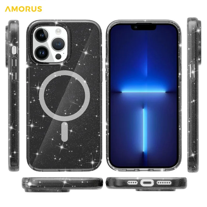 AMORUS för iPhone 13 Pro magnetiskt fodral kompatibelt med MagSafe, glittrigt pulver, PC + TPU mobilhölje - Svart