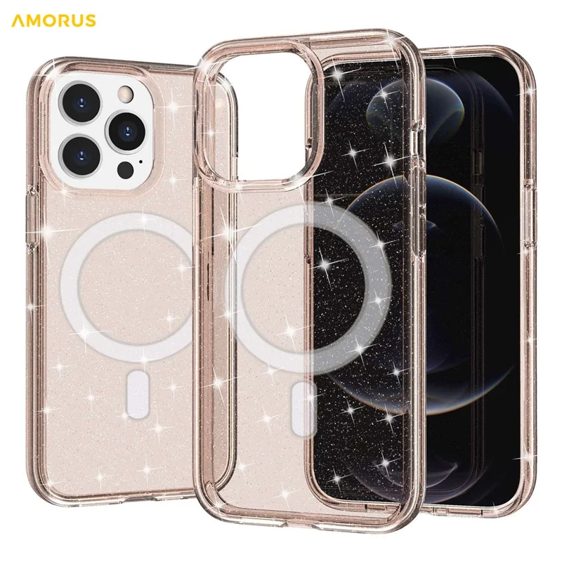AMORUS voor iPhone 14 Pro Max magnetische hoes compatibel met MagSafe Glitterpoeder PC + TPU telefoonhoes - Goud