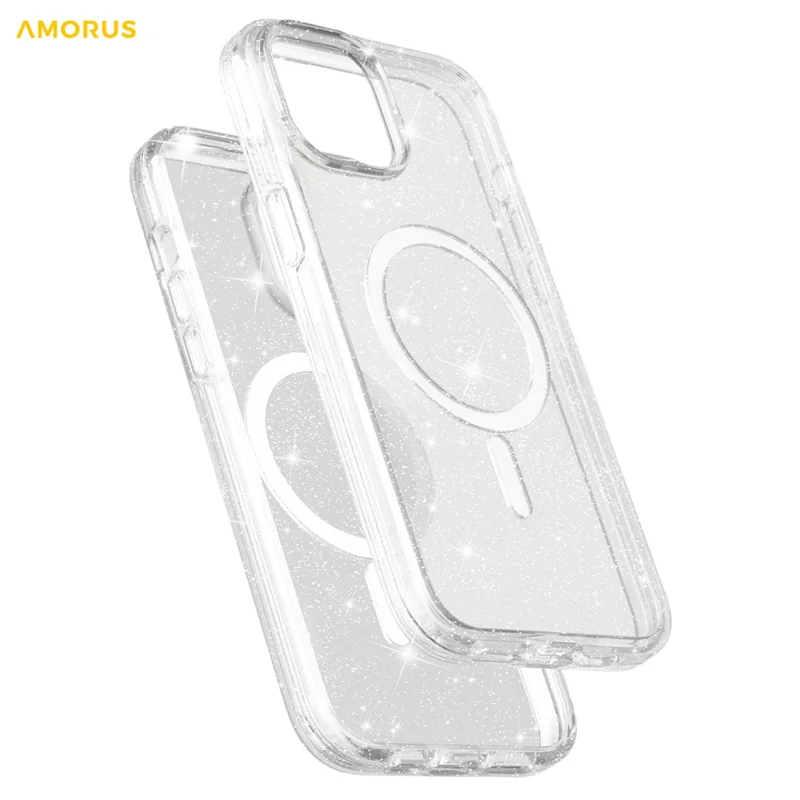 AMORUS för iPhone 15 skal kompatibelt med MagSafe Glittrande pulver PC + TPU mobilskal – Vitt