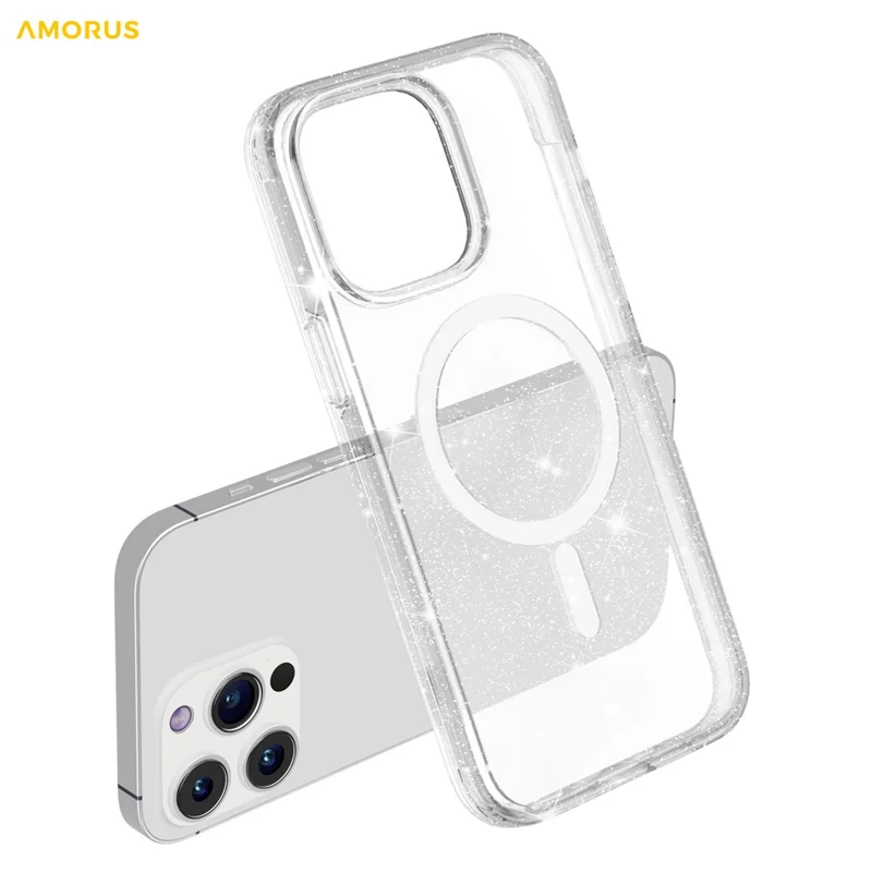 AMORUS til iPhone 15 Pro Case kompatibel med MagSafe Glitterpulver PC + TPU telefondæksel - Hvid