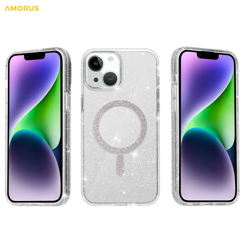 AMORUS Phone Magnetic Case For iPhone 15 Plus  /  14 Plus Compatible with MagSafe Glitter Powder PC + TPU Phone Cover