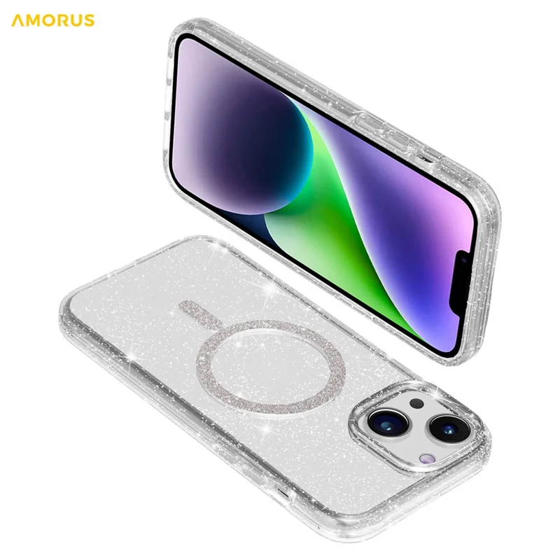 AMORUS Phone Magnetic Case For iPhone 15 Plus  /  14 Plus Compatible with MagSafe Glitter Powder PC + TPU Phone Cover