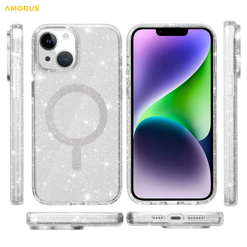 AMORUS Phone Magnetic Case For iPhone 15 Plus  /  14 Plus Compatible with MagSafe Glitter Powder PC + TPU Phone Cover