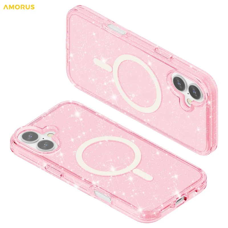 AMORUS لجهاز iPhone 16 Plus غطاء متوافق مع MagSafe مزين بمسحوق لامع من PC + TPU - وردي