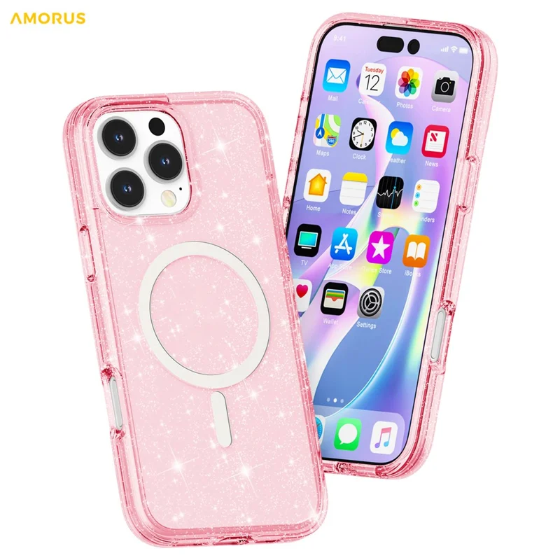 AMORUS voor iPhone 16 Pro Max hoesje compatibel met MagSafe Glitterpoeder PC + TPU telefoonhoes - Roze