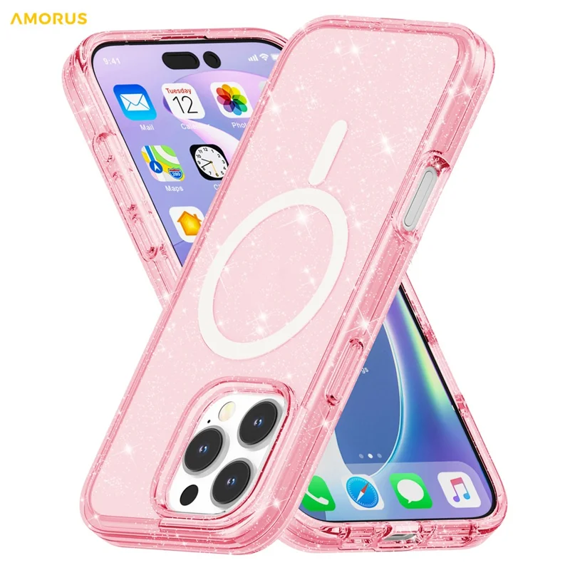 AMORUS voor iPhone 16 Pro Max hoesje compatibel met MagSafe Glitterpoeder PC + TPU telefoonhoes - Roze