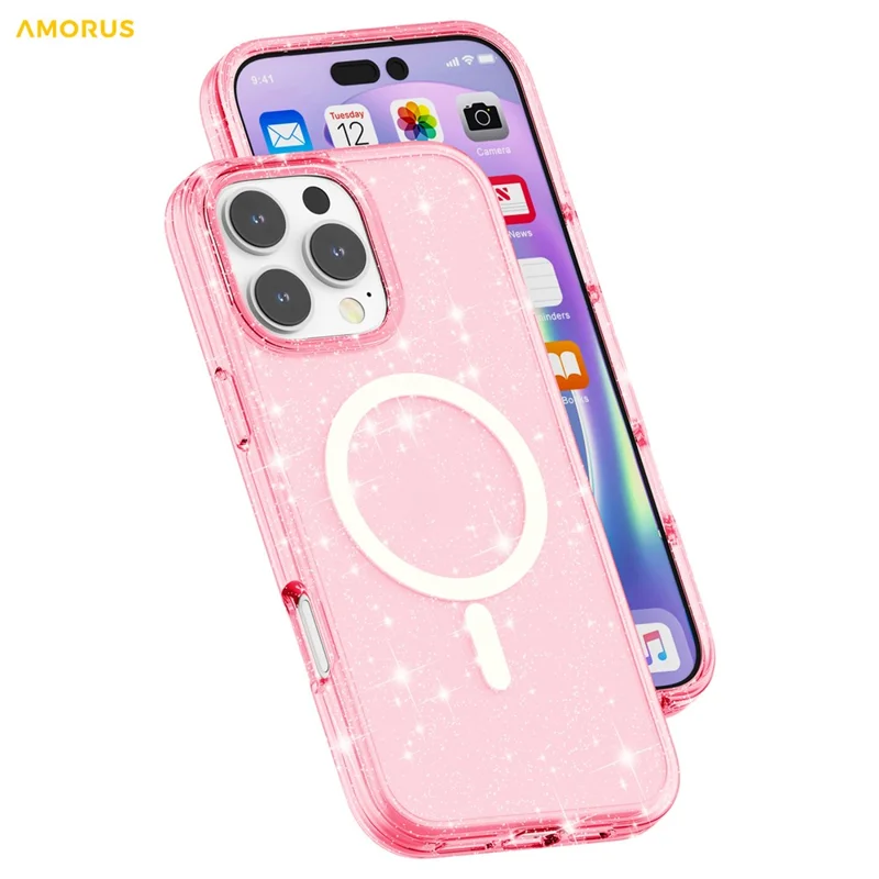 AMORUS voor iPhone 16 Pro Max hoesje compatibel met MagSafe Glitterpoeder PC + TPU telefoonhoes - Roze