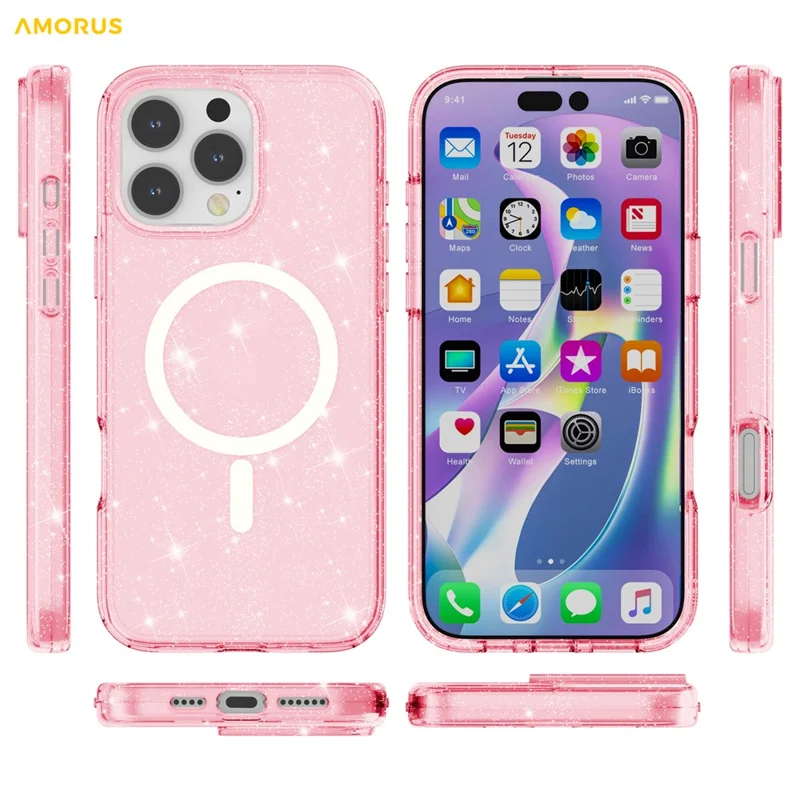 AMORUS voor iPhone 16 Pro Max hoesje compatibel met MagSafe Glitterpoeder PC + TPU telefoonhoes - Roze