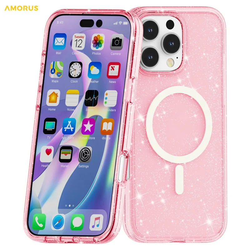 AMORUS For iPhone 16 Pro Magnetic Case Compatible with MagSafe Glitter Powder PC + TPU Phone Cover - Pink
