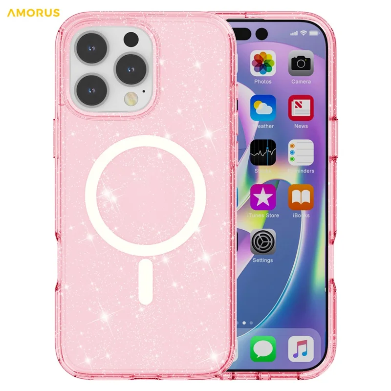 AMORUS For iPhone 16 Pro Magnetic Case Compatible with MagSafe Glitter Powder PC + TPU Phone Cover - Pink