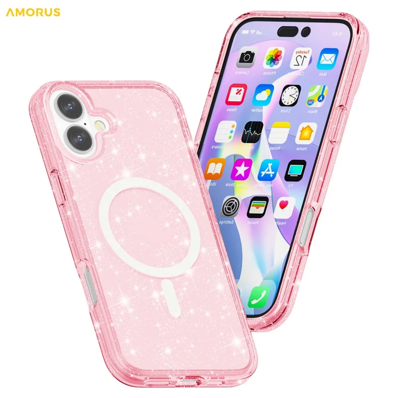 غطاء AMORUS لهاتف iPhone 16 متوافق مع MagSafe، غطاء هاتف من مادة البولي كربونات والمطاط اللين مع مسحوق لامع - وردي