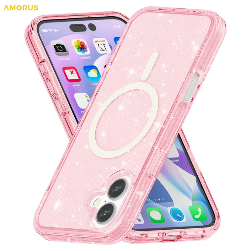 غطاء AMORUS لهاتف iPhone 16 متوافق مع MagSafe، غطاء هاتف من مادة البولي كربونات والمطاط اللين مع مسحوق لامع - وردي
