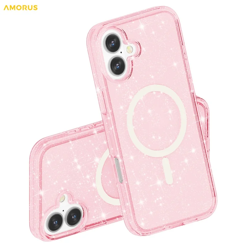 غطاء AMORUS لهاتف iPhone 16 متوافق مع MagSafe، غطاء هاتف من مادة البولي كربونات والمطاط اللين مع مسحوق لامع - وردي