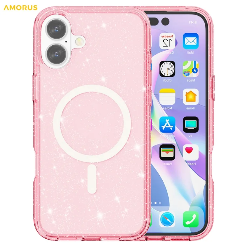غطاء AMORUS لهاتف iPhone 16 متوافق مع MagSafe، غطاء هاتف من مادة البولي كربونات والمطاط اللين مع مسحوق لامع - وردي
