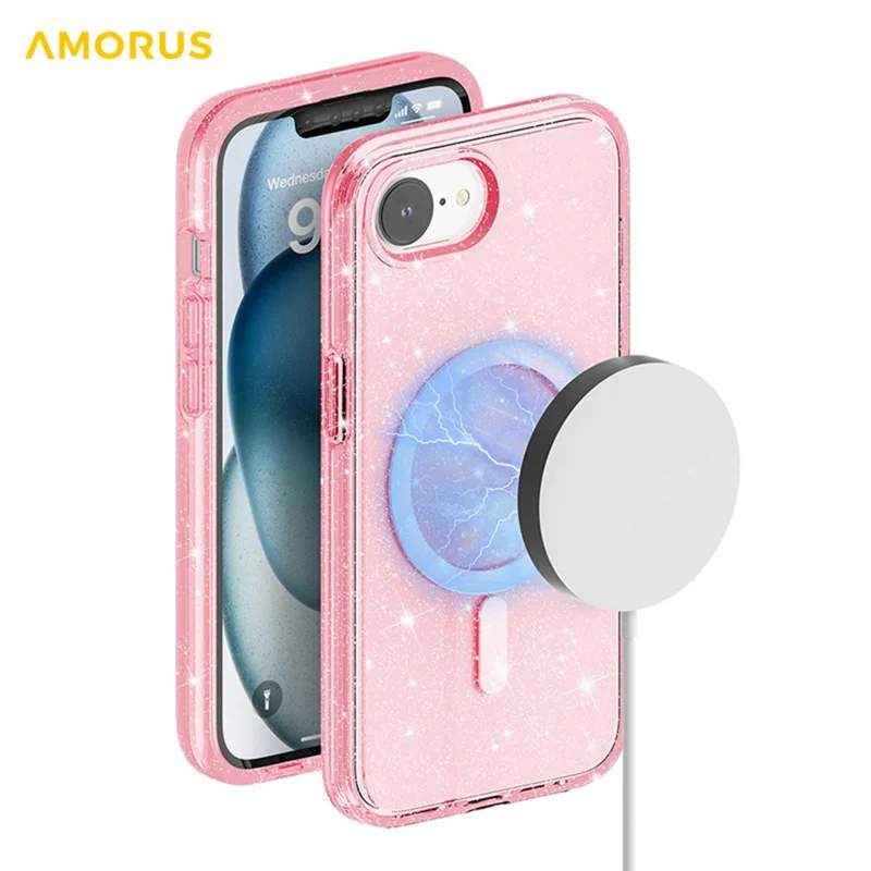 AMORUS For iPhone 16e Magnetic Case Compatible with MagSafe Glitter Powder PC + TPU Phone Cover - Pink