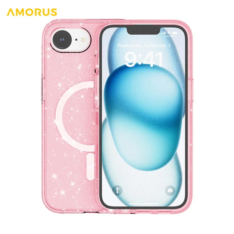 AMORUS For iPhone 16e Magnetic Case Compatible with MagSafe Glitter Powder PC + TPU Phone Cover - Pink