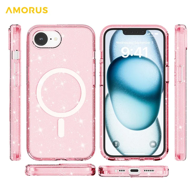 AMORUS For iPhone 16e Magnetic Case Compatible with MagSafe Glitter Powder PC + TPU Phone Cover - Pink