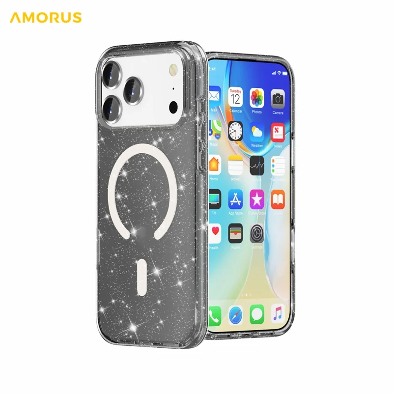 AMORUS Capa para iPhone 17 Pro Max Compatível com MagSafe, Capa de Telemóvel em PC + TPU com Pó Brilhante - Preto