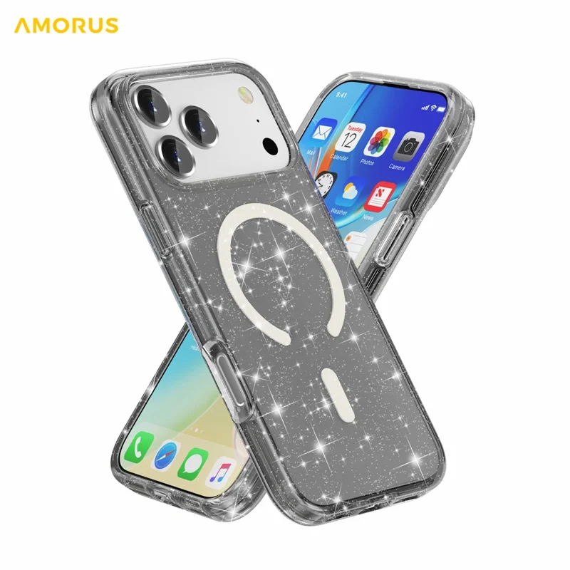 AMORUS Custodia per iPhone 17 Pro Compatibile con MagSafe Custodia in PC + TPU con Polvere Glitter - Nero