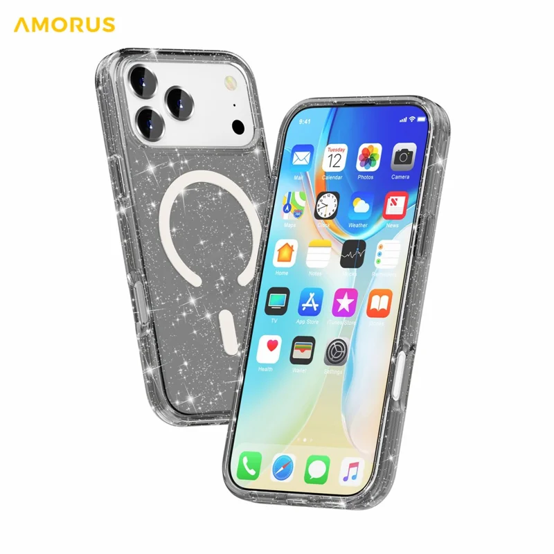 AMORUS Custodia per iPhone 17 Pro Compatibile con MagSafe Custodia in PC + TPU con Polvere Glitter - Nero