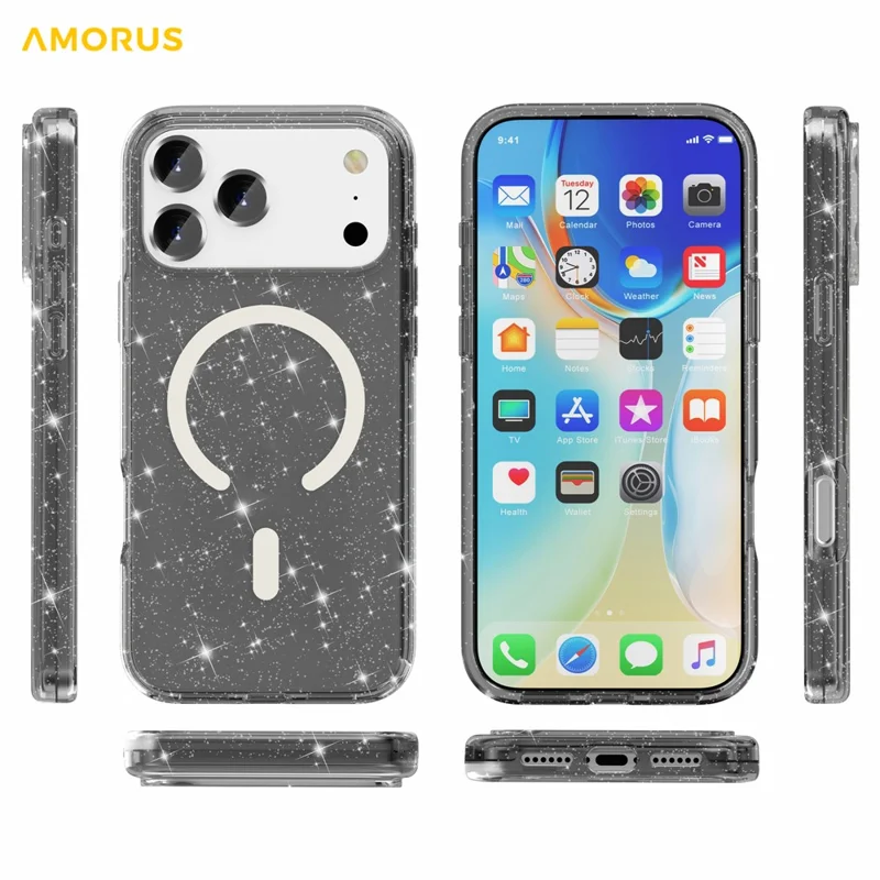 AMORUS Custodia per iPhone 17 Pro Compatibile con MagSafe Custodia in PC + TPU con Polvere Glitter - Nero