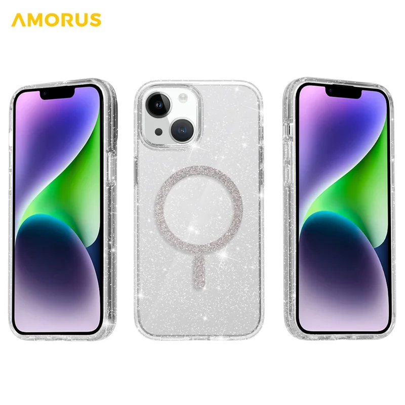 AMORUS Magnetic Case For iPhone 13  /  14 Compatible with MagSafe Glitter Powder PC + TPU Phone Cover
