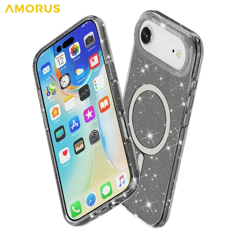 AMORUS Coque pour iPhone Air Compatible avec MagSafe, Housse Poudre de Paillettes en PC + TPU - Noir