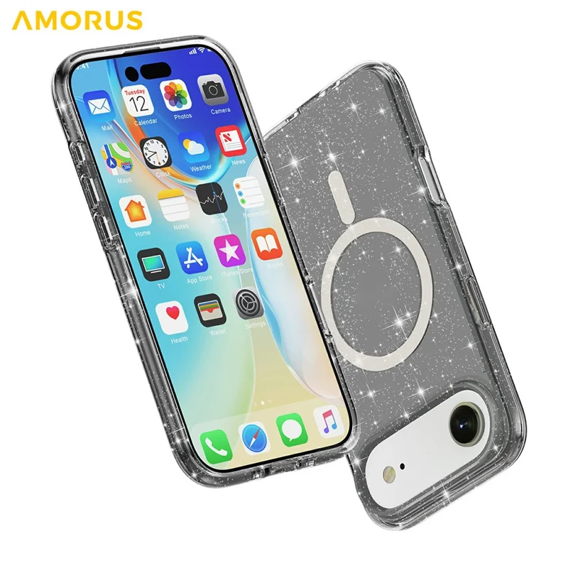 AMORUS Coque pour iPhone Air Compatible avec MagSafe, Housse Poudre de Paillettes en PC + TPU - Noir