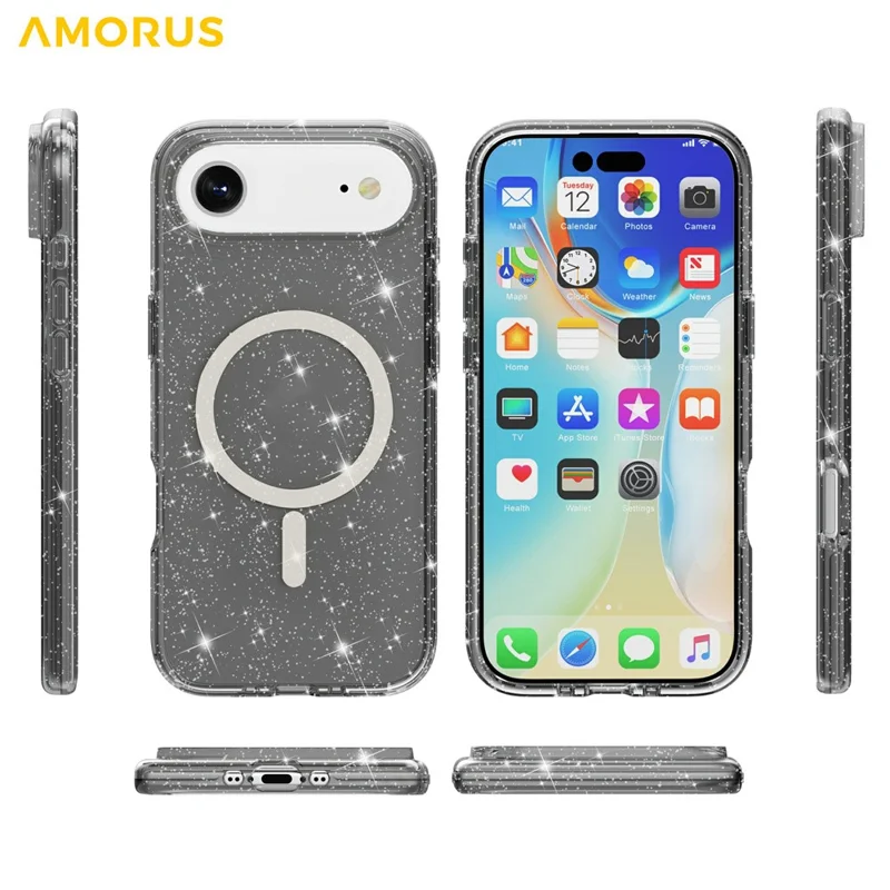 AMORUS Coque pour iPhone Air Compatible avec MagSafe, Housse Poudre de Paillettes en PC + TPU - Noir