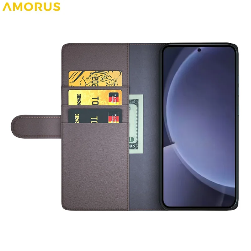 AMORUS For Samsung Galaxy S26  /  S26 Pro Stand Cases Calf Texture Genuine Split Leather Wallet Phone Cover - Brown