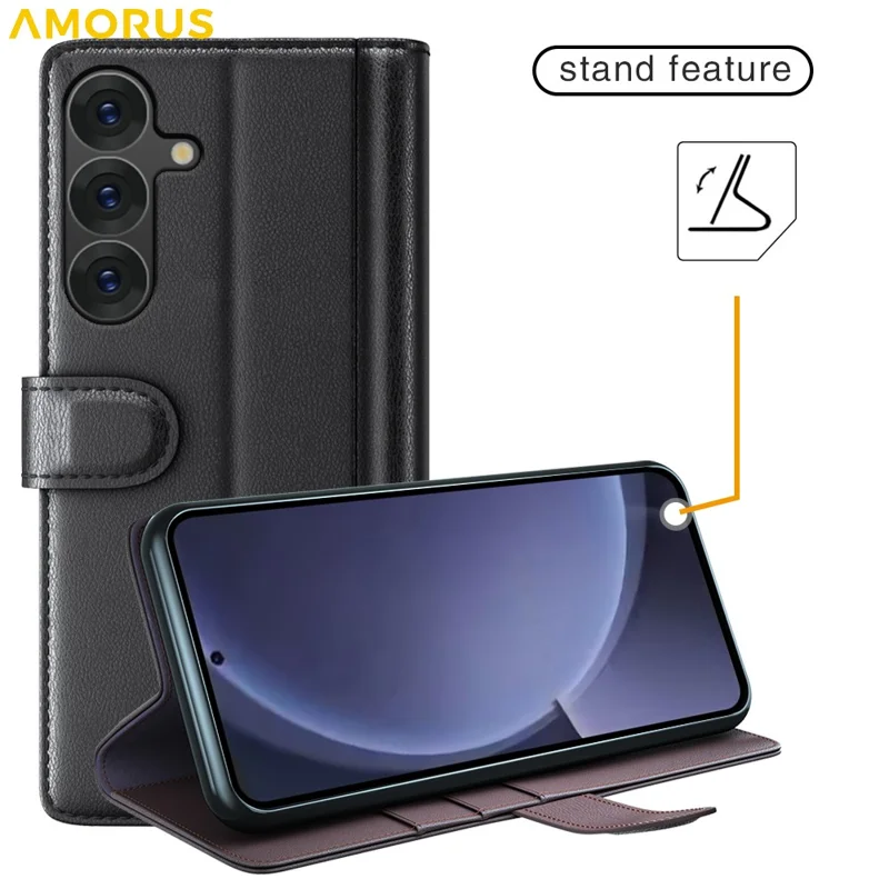 AMORUS For Samsung Galaxy S26  /  S26 Pro Stand Cases Calf Texture Genuine Split Leather Wallet Phone Cover - Brown