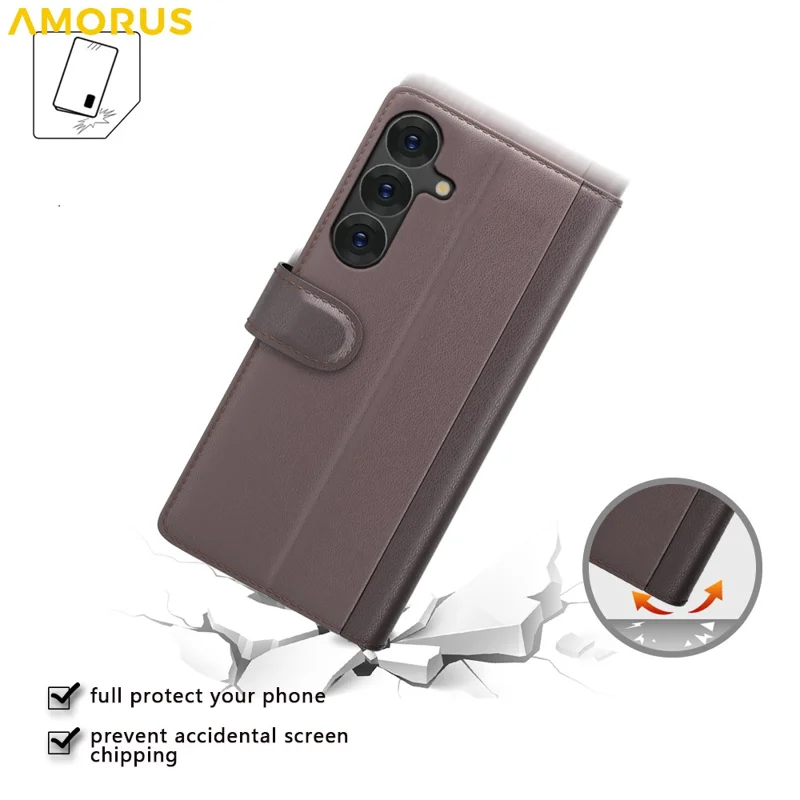 AMORUS For Samsung Galaxy S26  /  S26 Pro Stand Cases Calf Texture Genuine Split Leather Wallet Phone Cover - Brown