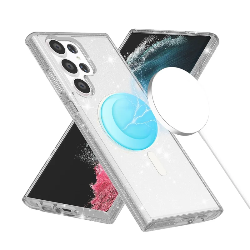 AMORUS For Samsung Galaxy S24 Ultra Magnetic Case Glitter Powder PC + TPU Phone Cover - White