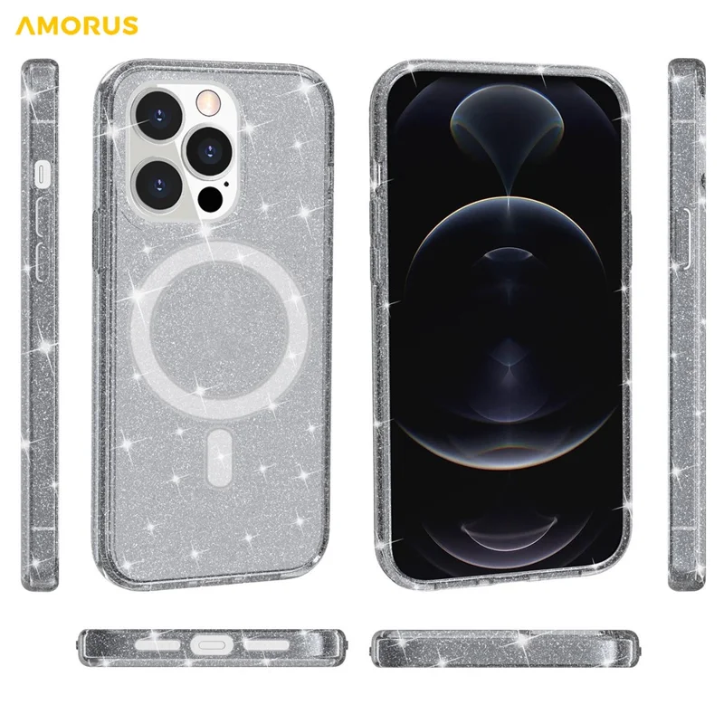 AMORUS Magnetic Case For iPhone 12 Pro  /  12 Compatible with MagSafe Glitter Powder PC + TPU Phone Cover - Black