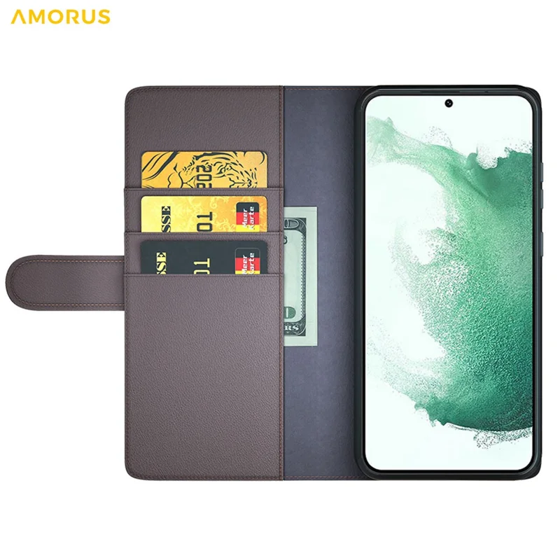 AMORUS For Samsung Galaxy S23+ Stand Cases Calf Texture Genuine Split Leather Wallet Phone Cover - Brown