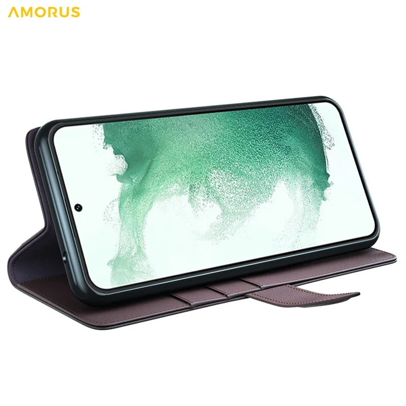 AMORUS For Samsung Galaxy S23+ Stand Cases Calf Texture Genuine Split Leather Wallet Phone Cover - Brown