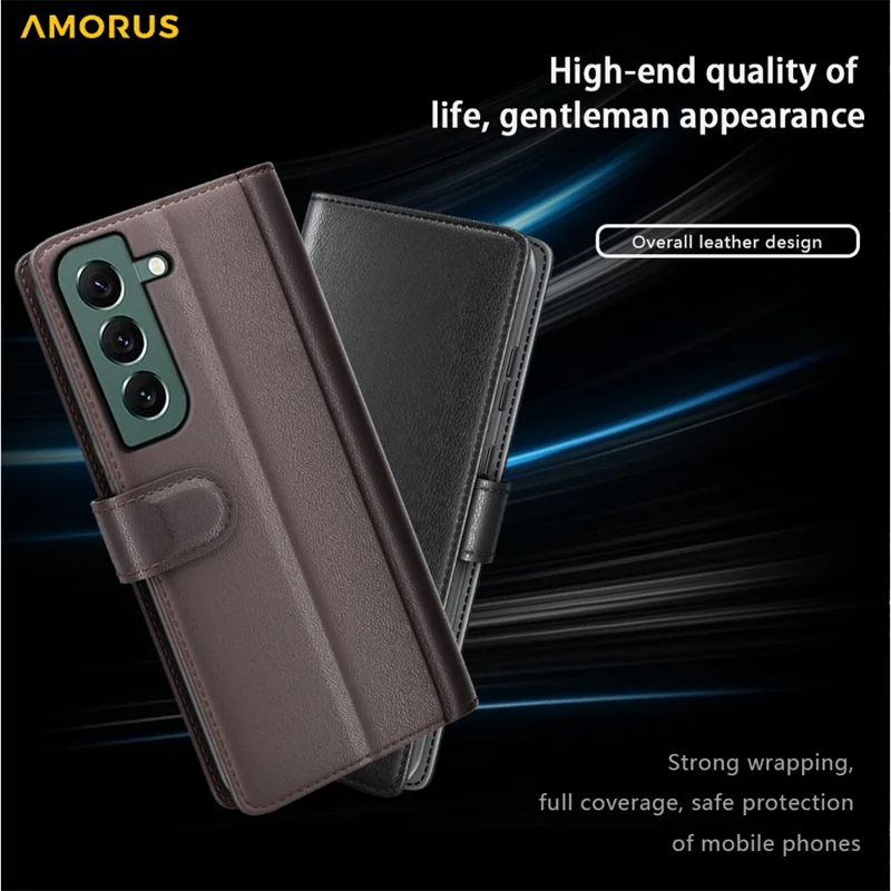 AMORUS For Samsung Galaxy S23+ Stand Cases Calf Texture Genuine Split Leather Wallet Phone Cover - Brown
