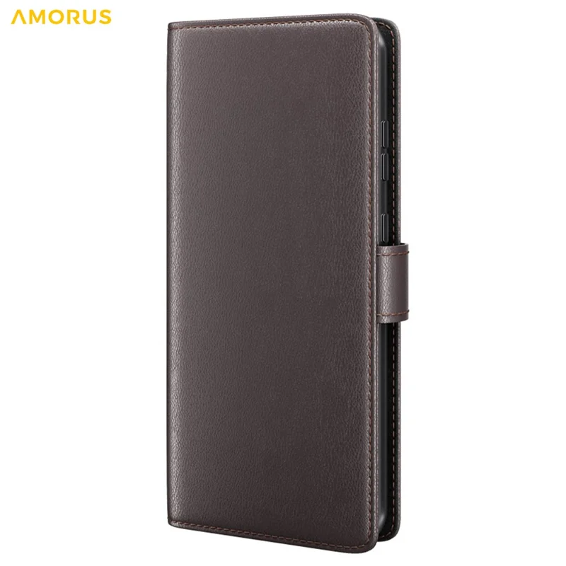 AMORUS For Samsung Galaxy S23+ Stand Cases Calf Texture Genuine Split Leather Wallet Phone Cover - Brown